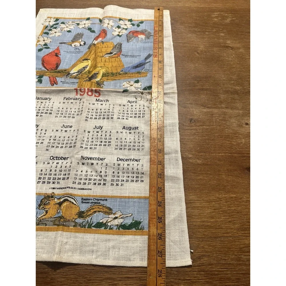Vintage 1985 Printed Cloth Hanging Wall Calendar Tea Towel Birds Flowers